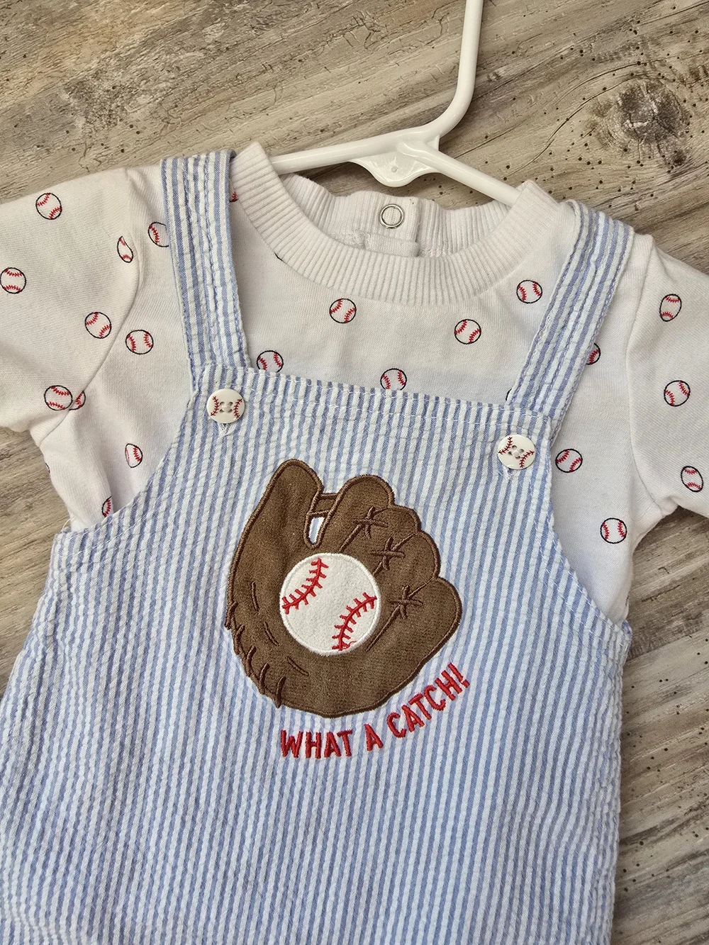 Baby Boys Blue Seersucker Baseball Shortalls with Graphic Tee